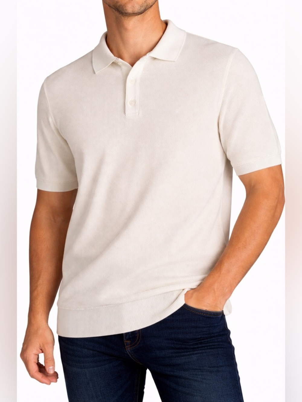 MNG Man White Knit Short Sleeve Polo Sweater XL